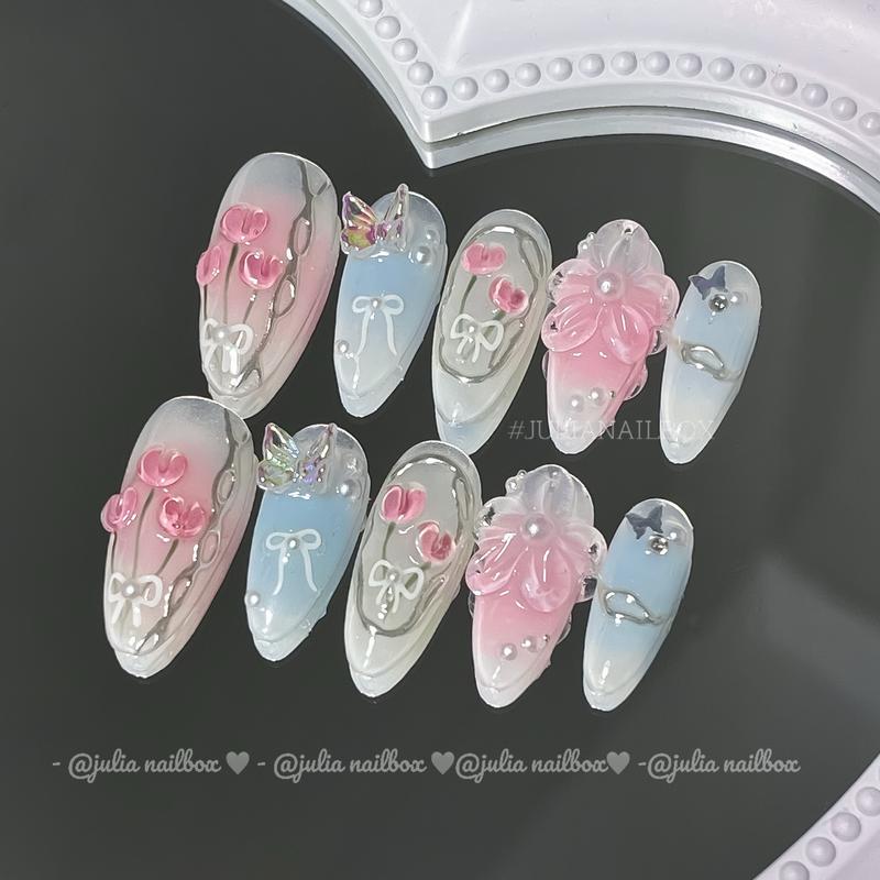 JuliaNailbox Mã 464 nặn hoa omber tone xanh hồng Móng tay giả thiết kế thủ công sơn gel tặng kèm keo miếng dán dũa bông lau móng gắn dễ dàng tiện lợi có thể tái sử dụng Nữ