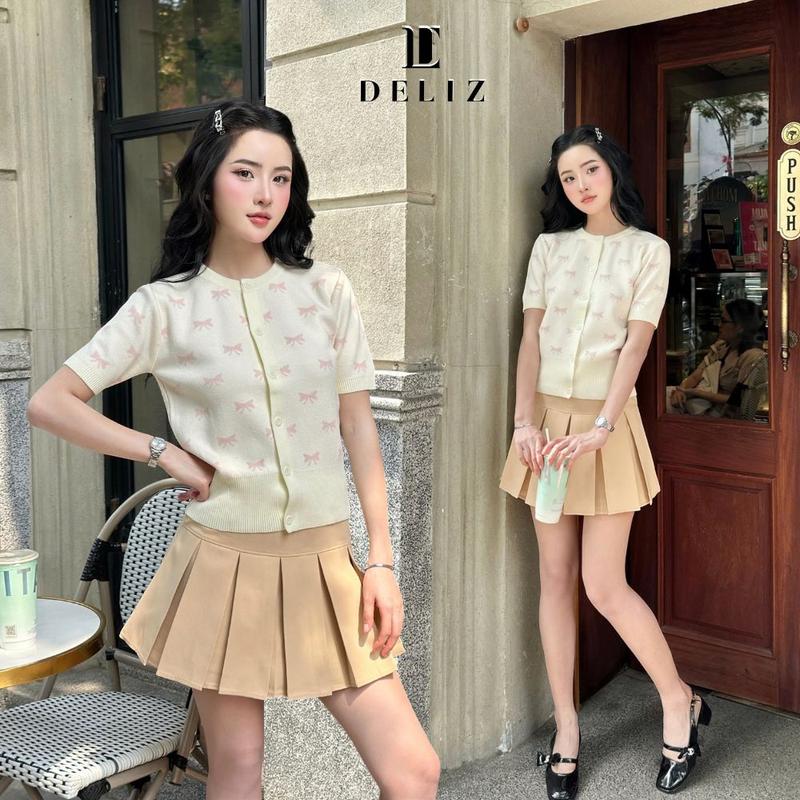DELIZ - BST MỚI - Áo len nữ ngắn tay phối cúc dáng cardigan mùa hè len lông thỏ dệt nơ điệu đà ALC04