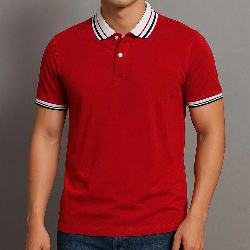  ÁO THUN POLO VẢI POLY MÀU ĐỎ PHỐI CỔ SỌC SANG TRỌNG TINH TẾ THOÁNG MÁT 