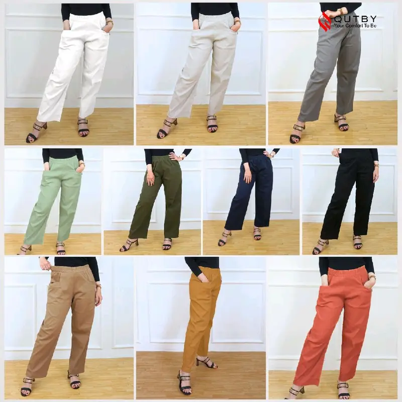 QUTBY - Celana Kulot Panjang Wanita Korean Long Pants Celana Kerja Jumbo Bahan Katun Twill Premium Full Karet Nyaman 2