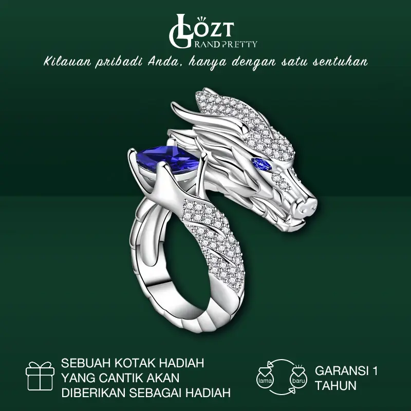 LOZT-Cincin naga perak pria berlian merah ruby safir biru naga titanium anti karat membawa keberuntungan dan kekayaan