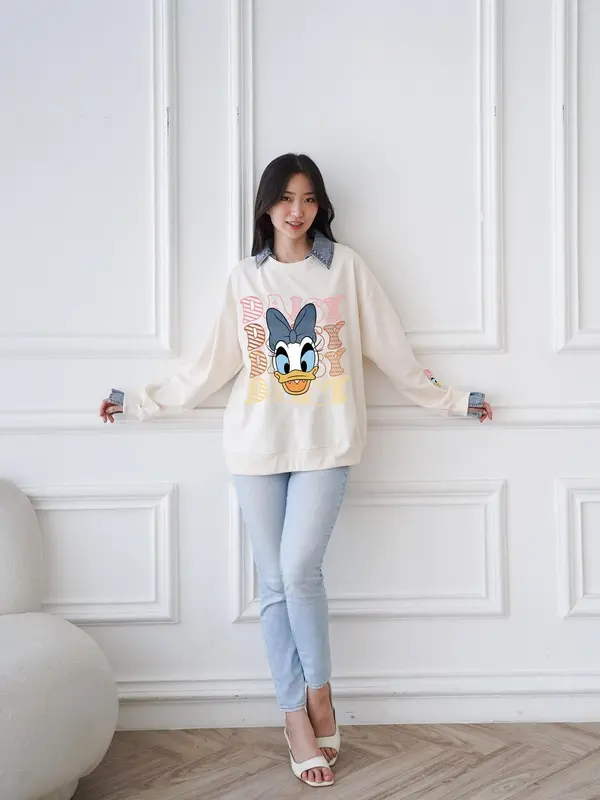 Sweater Kerah Motif Desi Kombinasi Denim Babyterry Import Cute Korean Style Oversize Sweatshirt Kemeja Fit Panjang Mikei Bordir Wanita Atasan Crewneck Krem 3