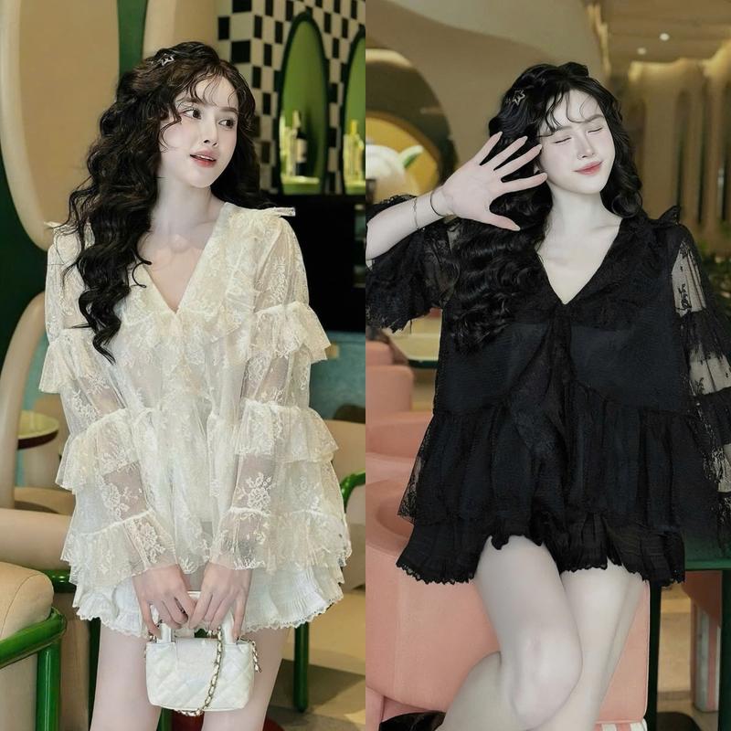  Set đồ nữ áo ren babydoll thiết kế cổ chữ V tay dài tầng kèm chân váy xốp nhún viền ren sang chảnh dành cho các nàng diện đi chơi đi tiệc 
