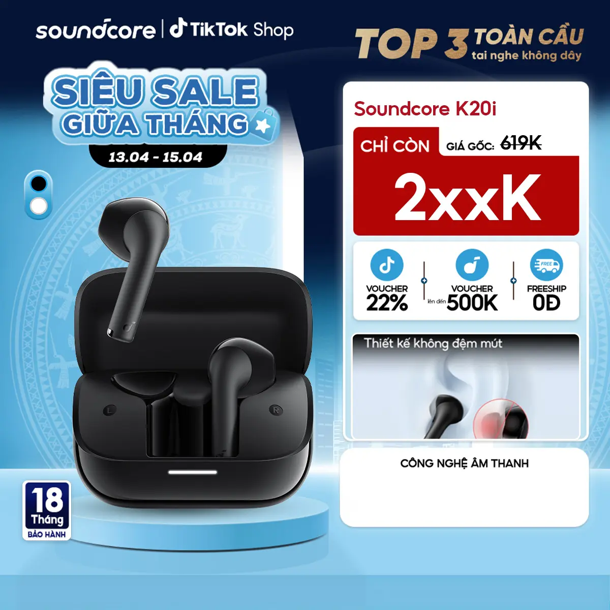 Tai nghe Bluetooth Semi In-Ear Soundcore K20i (A3994) Siêu gọn nhẹ Chống nước IPX5- Dịch thuật AI trên App- Tai nghe không dây- Tai nghe bluetooth pin trâu Bảo hành 18 tháng Hàng chính hãng