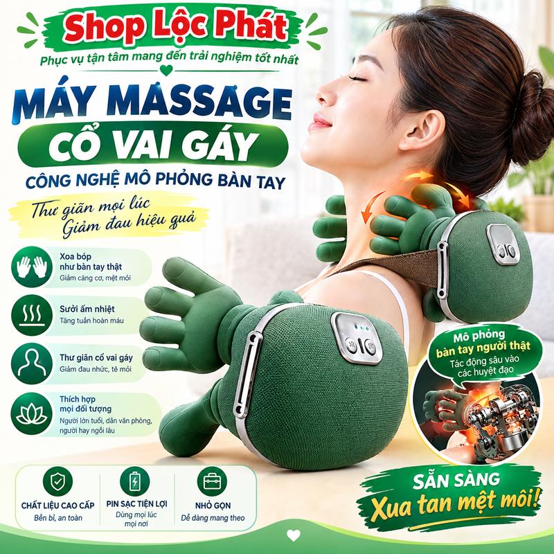 Máy Massage Cổ Vai Gáy Mô Phỏng Bàn Tay Kết Hợp Chườm Ấm, Massage Thư Giãn, Pin 2000mAh Chạy 2H Liên Tục