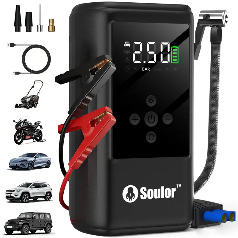 Soulor Arrancador de batería 5 en 1, arrancador de coche de 1000 A/2000 A con bomba de aire de 150 PSI, inflador y desinflador digital de neumáticos, cargador portátil de batería para coche con puerto USB y luz LED para vehículos de gasolina, mante - Foto 1