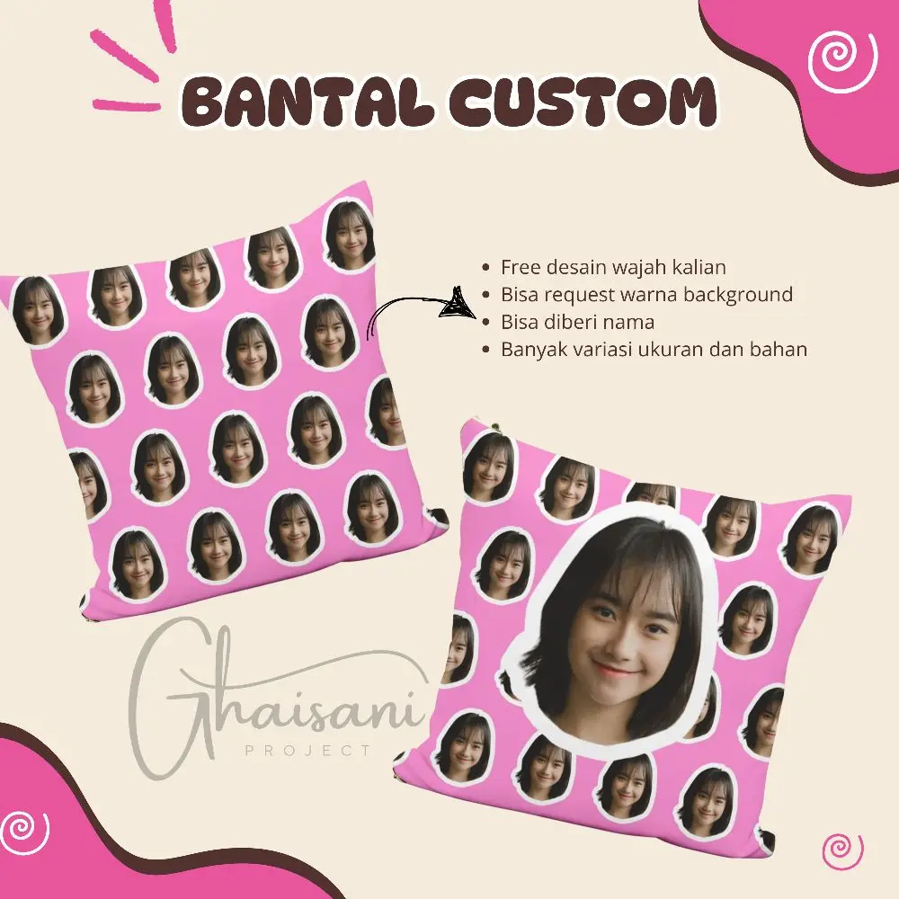 Ghaisani Project Bantal Face Pattern Custom Foto 30x30 Bahan Katun Lembut Nyaman Printing Satu Sisi Desain Unik Custom Hadiah Souvenir