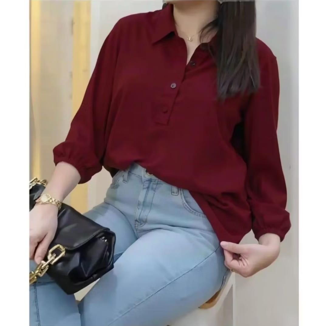 KEMEJA WANITA KANCING TIGA LENGAN PANJANG BERKARET MODEL TERBARU TERLARIS SAAT INI BAHAN ADEM