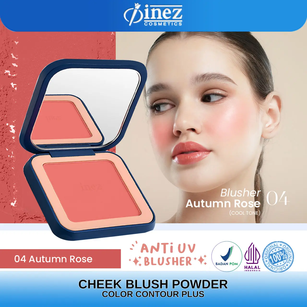 Inez Blushon Autumn Rose 04 Blusher With Brush Color Contour Plus Halal UV Protection Shimmery Finish Tahan Lama