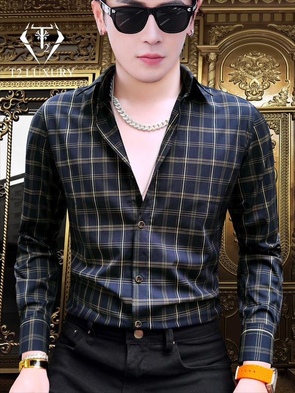 Áo sơ mi nam họa tiết kẻ sọc sang trọng vải sợ lõi tre dệt kim phom đẹp kiểu dáng thanh lịch Menswear Shirt