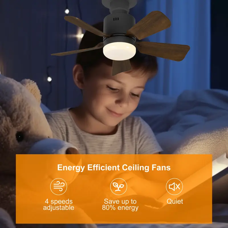 45cm Socket Fan Light, LED Ceiling Fans with Lights and Remote, 3 Colors Dimmable, 4 Speeds Adjustable, E27 Compatible Ceiling Fan for Bedroom Home Office Dining Room Garage, 5 Blades 8