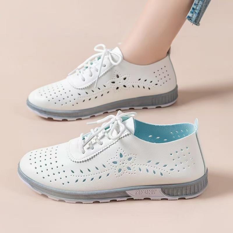 Product Introduction of Fashion Hot Shoes for Women 2025 New Real Soft Leather Versatile Lace-up Ins Mother White Shoes Tendon Bottom Shallow Mouth Nurse Thin Shoes 9