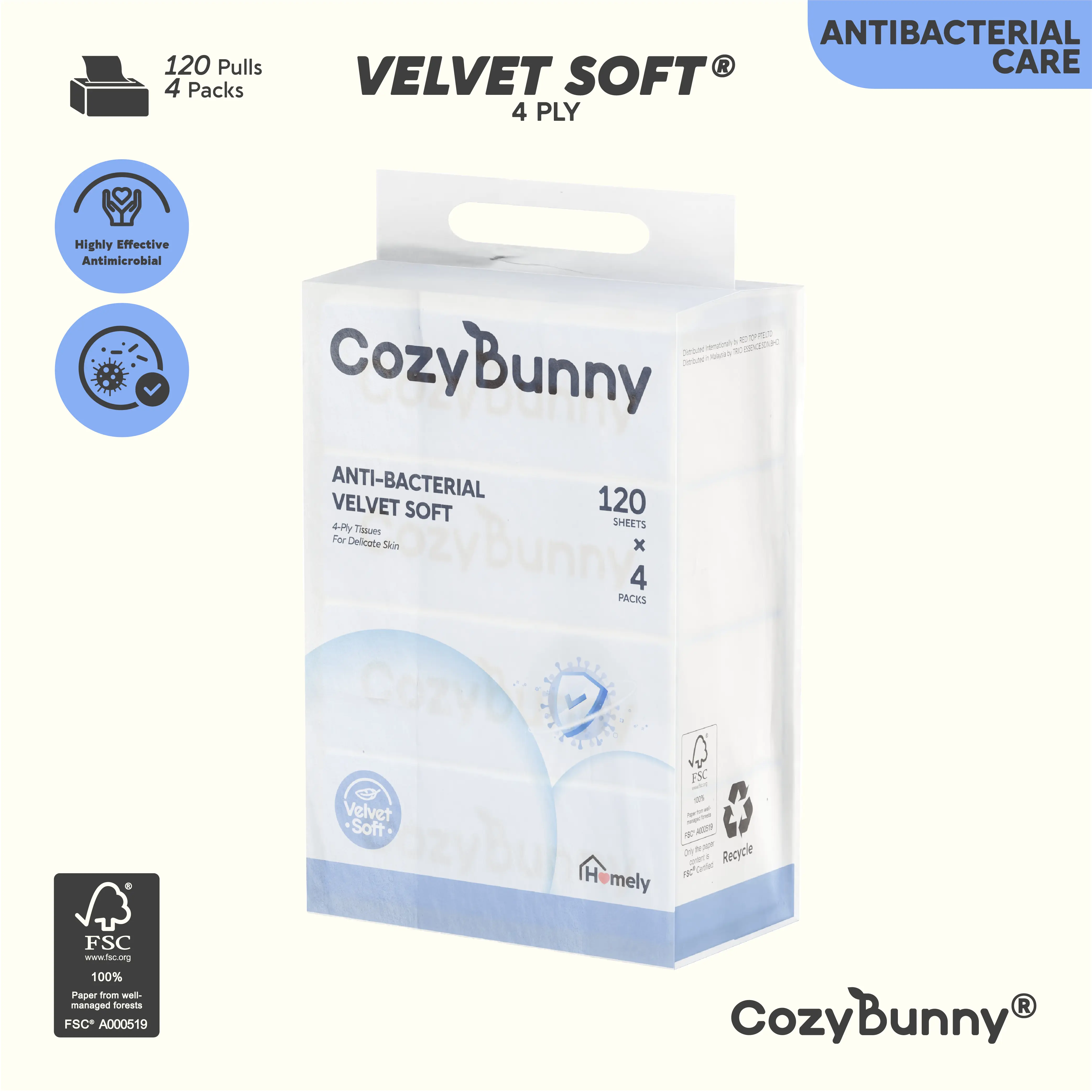 CozyBunny 4-Ply Antibacterial Facial Tissues | Homely Series | 8 Bags x 4 Packs x 120 Sheets | Skin Safe  Comfortable household tissues with moisturizing cream for sensitive noses, babies & everyday hygiene