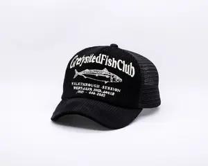 TOPI JARING TRUCKER HAT LIDAH PENDEK BAHAN CORDUROY WARNA HITAM VISOR PENDEK GRELYSITED FISH CLUB