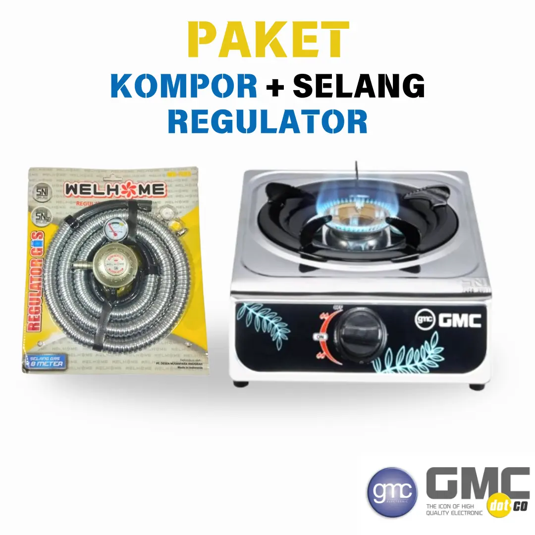 KOMPOR GAS 1 TUNGKU 1 SET PAKET + SELANG REGULATOR GMC 111 STAINLEES STEEL KOMPOR GAS 1 TUNGKU + SELANG REGULATOR BERSTANDAR SNI Stainless