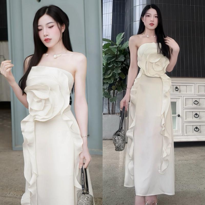 KangStudio - M117 Set váy thiết kế áo quây trắng phối hoa nhún thanh lịch chân váy lụa tiểu thư sang chảnh