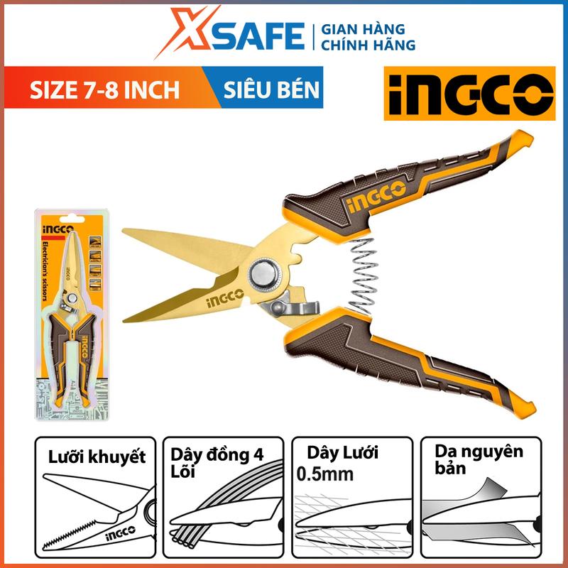  Kéo thợ điện Ingco dụng cụ chuyên cắt tuốt dây điện kích thước 7-8 inch tay cầm cao su lưỡi kéo sắc bén đa năng 