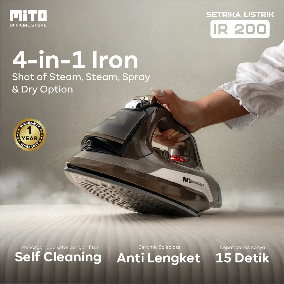 [Exclusive Ceceketarketir] MITO IRON200 Setrika Uap dan Kering 4in1 | Setrika Listrik | Mode Uap, Kering, Semburan Uap, Semprotan Air | Alas Ceramic Soleplate Anti Lengket | Self Cleaning
