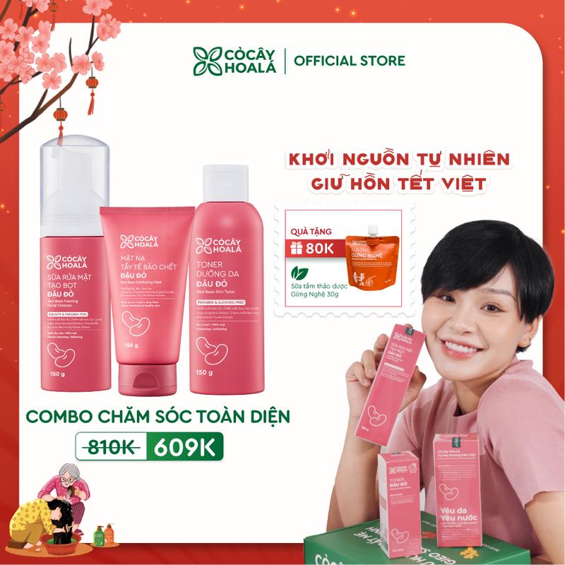  Combo Chăm Sóc Da Đậu Đỏ: Sữa Rửa Mặt Tạo Bọt Đậu Đỏ 150g Mặt Nạ Tẩy Tế Bào Chết Đậu Đỏ 2in1 150g Toner Đậu Đỏ Cỏ Cây Hoa Lá 150g Skincare 