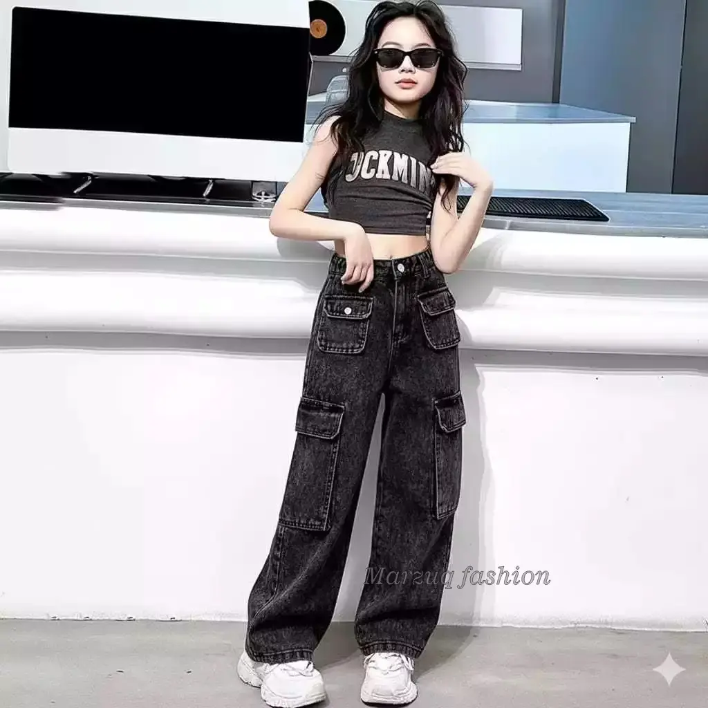 Marzuqfashion Celana Cargo Jeans Anak Perempuan - Kulot Jeans Cewek Fashion Korean Style Size 24-26 - Celana Panjang Anak Teenager