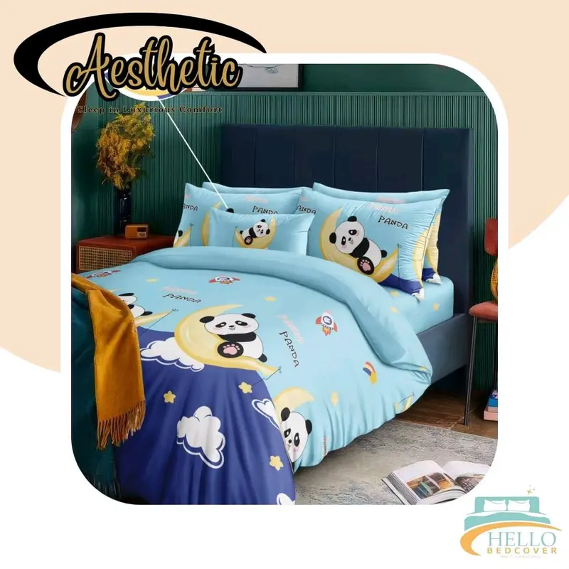 AESTHETIC PROJECT - Fullset Bedcover Motif Panda Biru / Sprei Microtex Disperse Premium - Anti Luntur Hitam 0