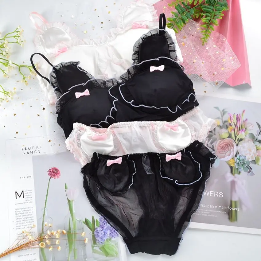 Underwear Set Bra Bra Wireless Thin Cup Mesh Sexy Panties Girly Style Bear Ears