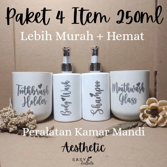 Paket Peralatan Kamar Mandi Botol Sabun & Shampo Pump Plastik Aesthetic Gelas Tempay Sikat gigi dispenser odol Putih Gold & Silver Lebih Murah & Hemat (T1P) 7