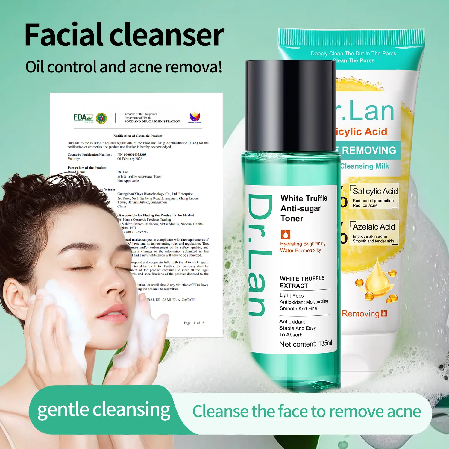 Mud mask+Salicylic acid foaming facial cleanser|not tight|Available for sensitive skin|unisex|Brighten skin tone|Gentle cleansing|best gift|shrink pores|Oil control