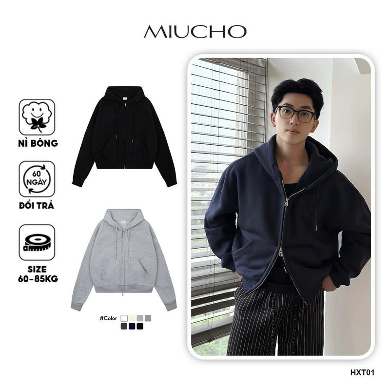 Áo hoodie zip nam trơn form boxy HXT01 Miucho Club vải nỉ bông dày dặn