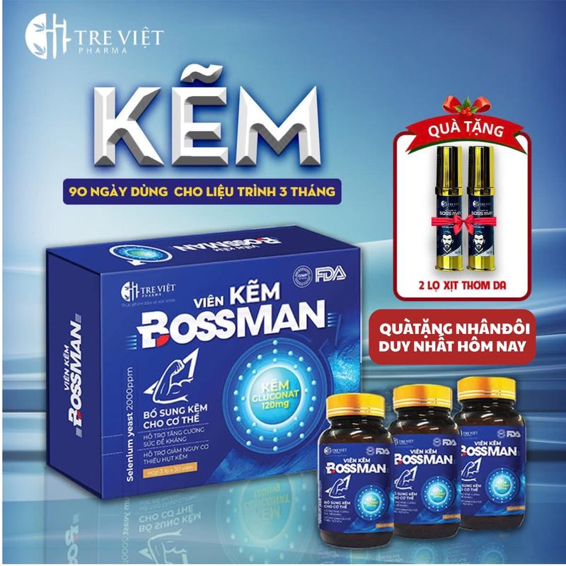 【SALE CUỐI NĂM - X2 Xịt Thơm Da KẼM BOSS MAN Hỗ Trợ Tăng Cường Sức Khỏe Bổ Sung Kẽm Biozinc Hộp 3 lọ x30 Viên - Kẽm BossMan Huongtreviet