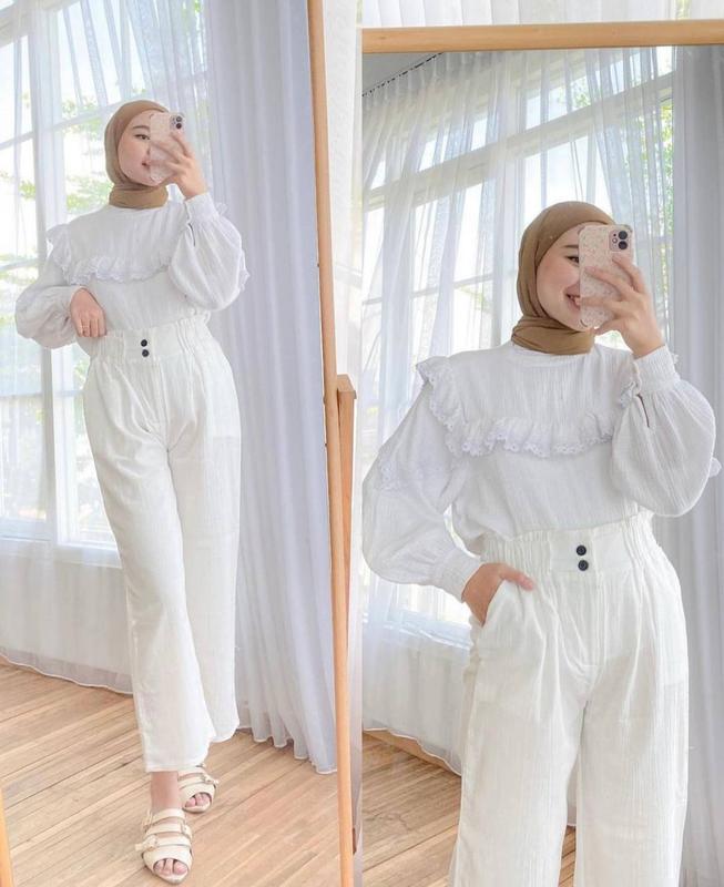 Celana Kulot Wanita Kancing Linen Crinkle Kekinian // Celana Highwaist Loose Pants Trousers - Celana Kerja Wanita Kantor - Celana Kulot Wanita 2