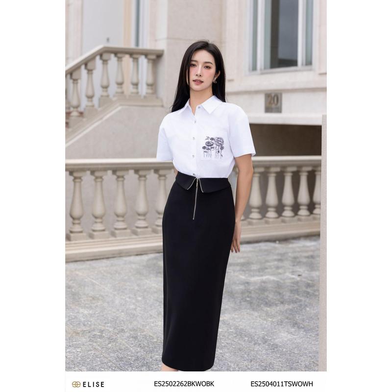 Áo sơ mi thô trắng thêu hoa túi ngực thiết kế Elise mã ES2504011TSWOWH