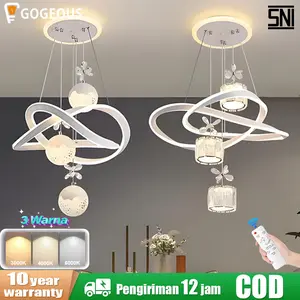 GOGEOUS Lampu Gantung Minimalis Kristal 3 Warna 60W LED Putih Akrilik Garansi 10 Tahun Lampu Hias Ruang Tamu Kamar Tidur COD Pengiriman Cepat 12H dengan Remote Control dan Sumber Cahaya Tiga Warna