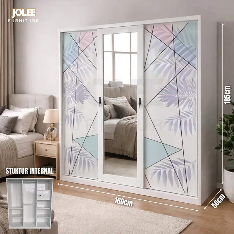 JOLEE-Kirim segera-Lemari serba besi pintu geser cermin ukuran lemari 160cm, batang pengering pakaian + kunci kata sandi Furniture Kayu