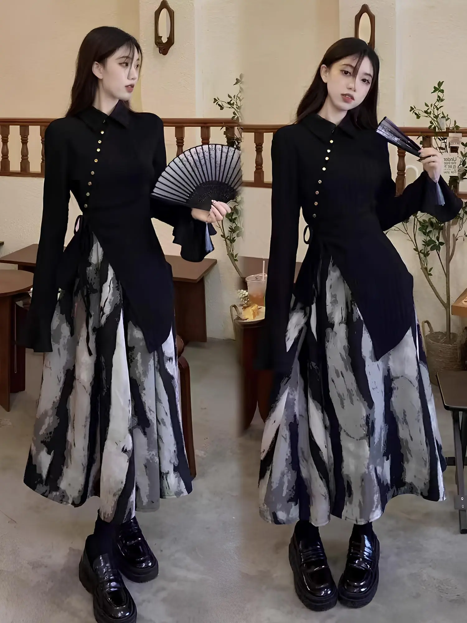 25OCLOCK - OneSet Cantik Atasan dan Rok / Motif Marbel / Kancing Pinggir / Retro Korean Style / Setelan Celana Semi Wanita Tinta Indonesia