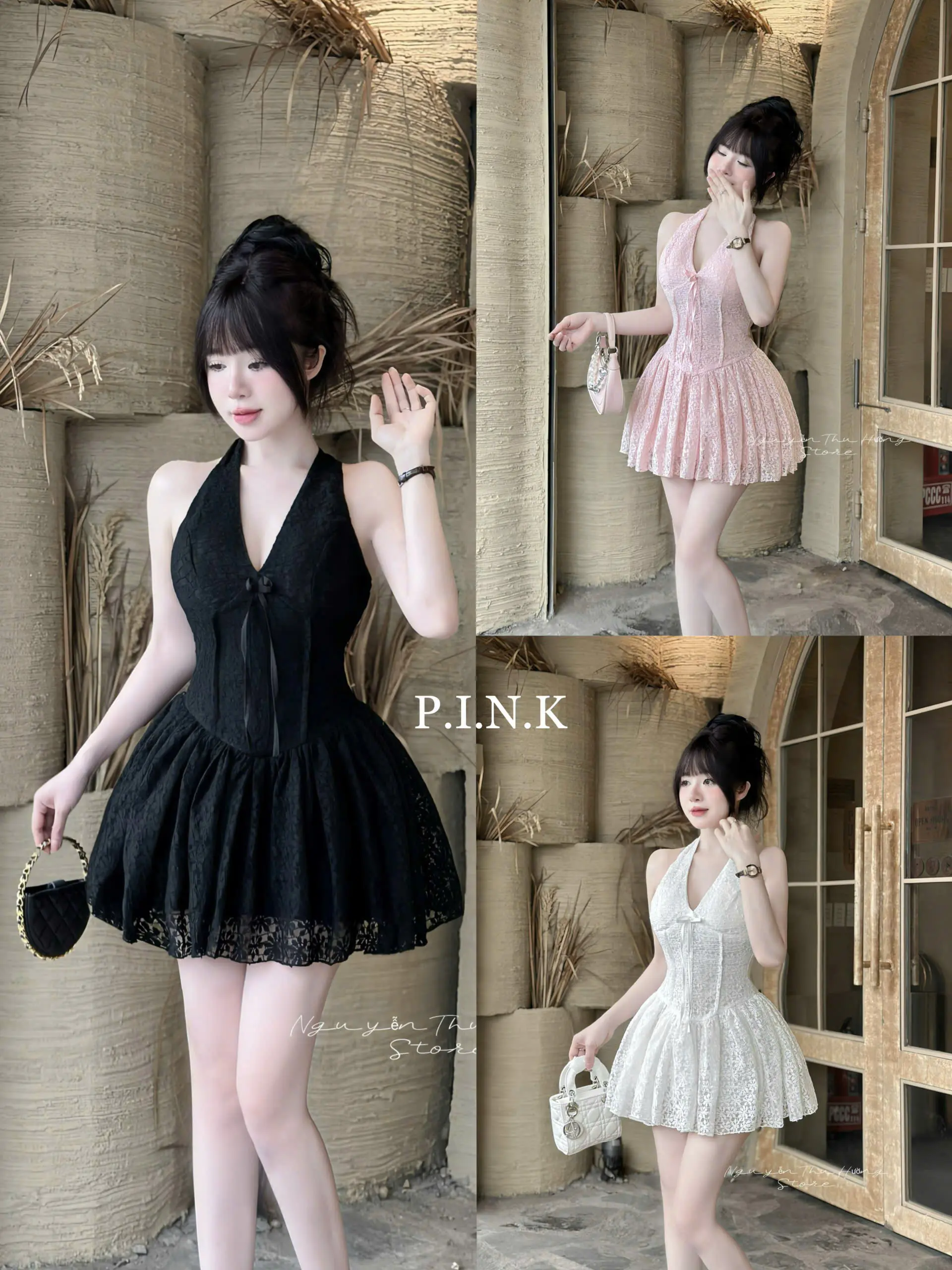 VÁY CỔ YẾM REN HOA XỐP ĐÍNH DÂY NƠ NÀNG THƠ SIÊU XINH . TOP NỮ