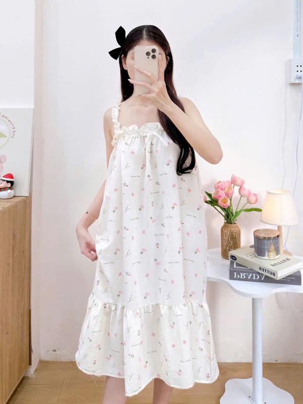 Đầm ngủ hai dây bèo mùa hè dáng suông nhiều họa tiết dễ thương vải đũi xốp mềm thoáng mát - Laem Saigon