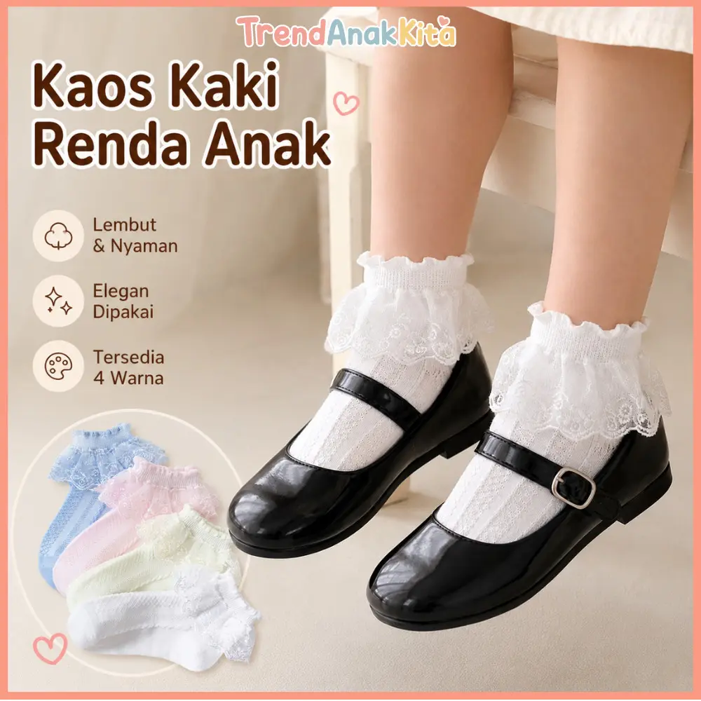 Kaos Kaki Anak Perempuan Pendek Model Renda Bordir Bahan Katun Jaring Kerut Kaos Kaki Bayi Perempuan Usia 1‑12 Tahun