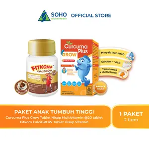 Paket Anak Tumbuh Tinggi - Curcuma Plus Grow Tablet Hisap Multivitamin Rasa Jeruk @20 tablet & Fitkom CalciGROW Tablet Hisap Vitamin Rasa Coklat