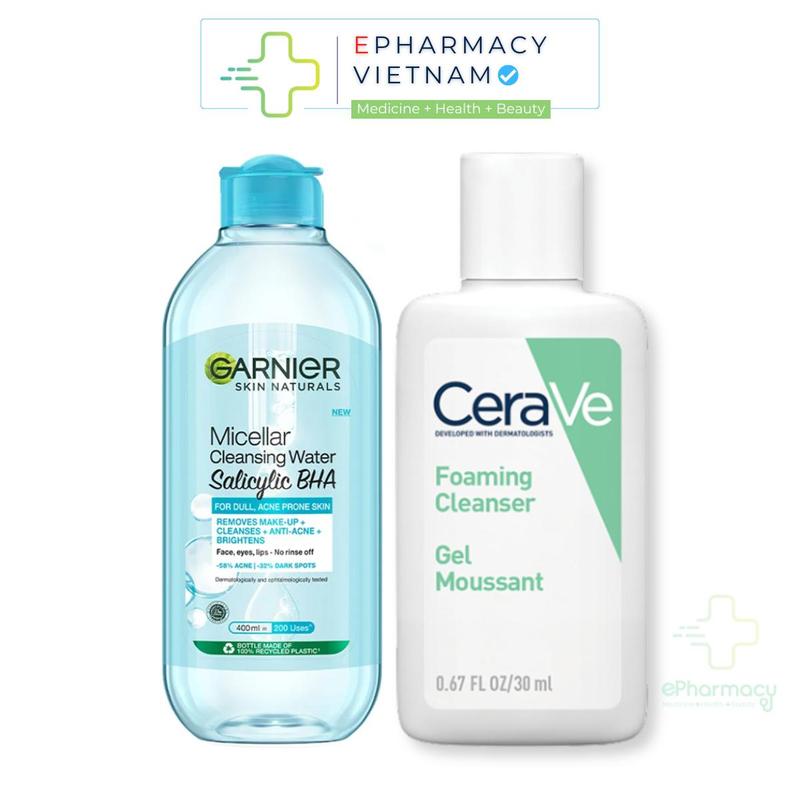 Sữa Rửa Mặt Cho Da Dầu Mụn CeraVe Foaming Cleanser 30ml & Nước Tẩy Trang Dành Cho Mọi Loại Da Garnier Micellar Cleansing Water