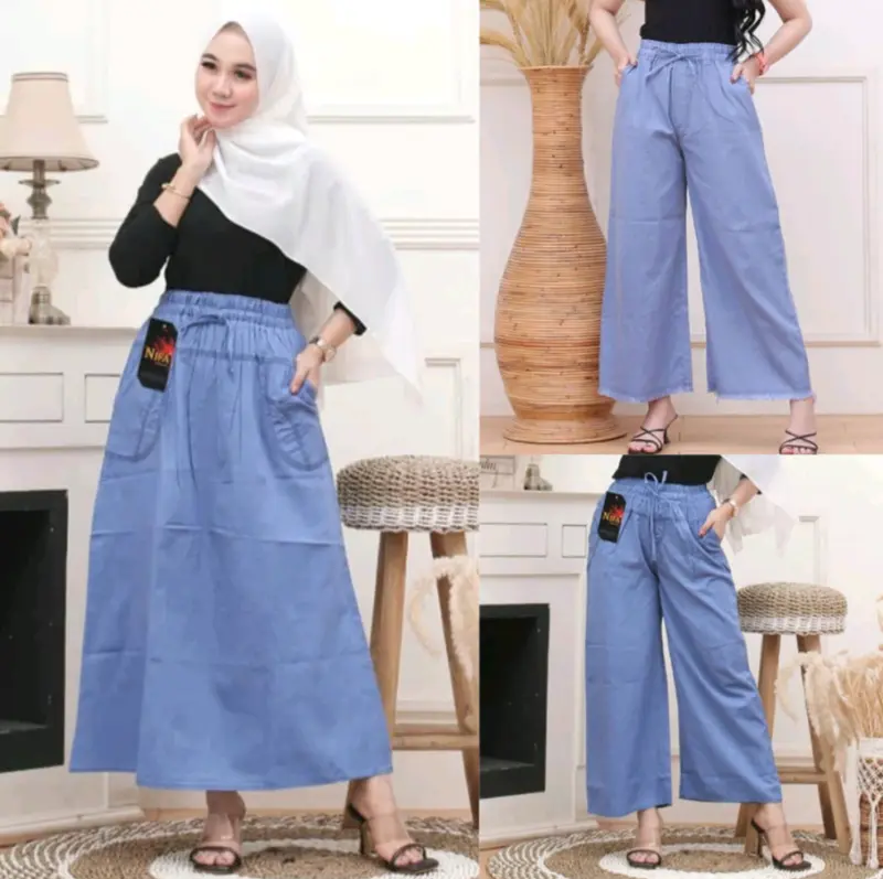 Cargo Pants Wanita - Celana Panjang Kulot Highwaist bahan Soft Jeans Grey Pinggang Karet 4