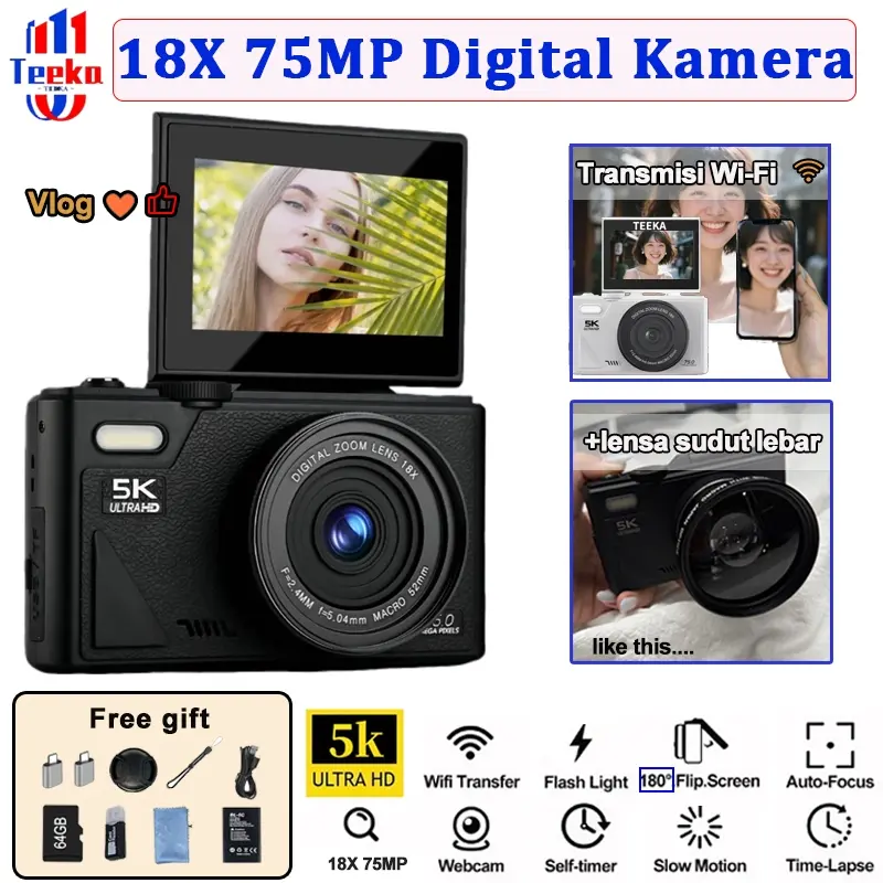 【Baterai Ekstra】TEEKA W1 80/75MP 5K 18X Kamera Video Digital  Kamera Digital WiFi Layar Lipat 180° untuk Swafoto Camera