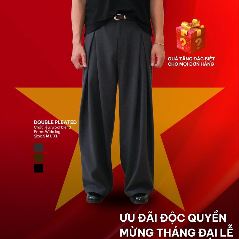 [SIÊU SALE 8.8] Quần Âu Nam Ống Rộng Cạp Chun Vải Dạ Cao Cấp – Quần Tây Phủ Giày B Brown Double Pleated