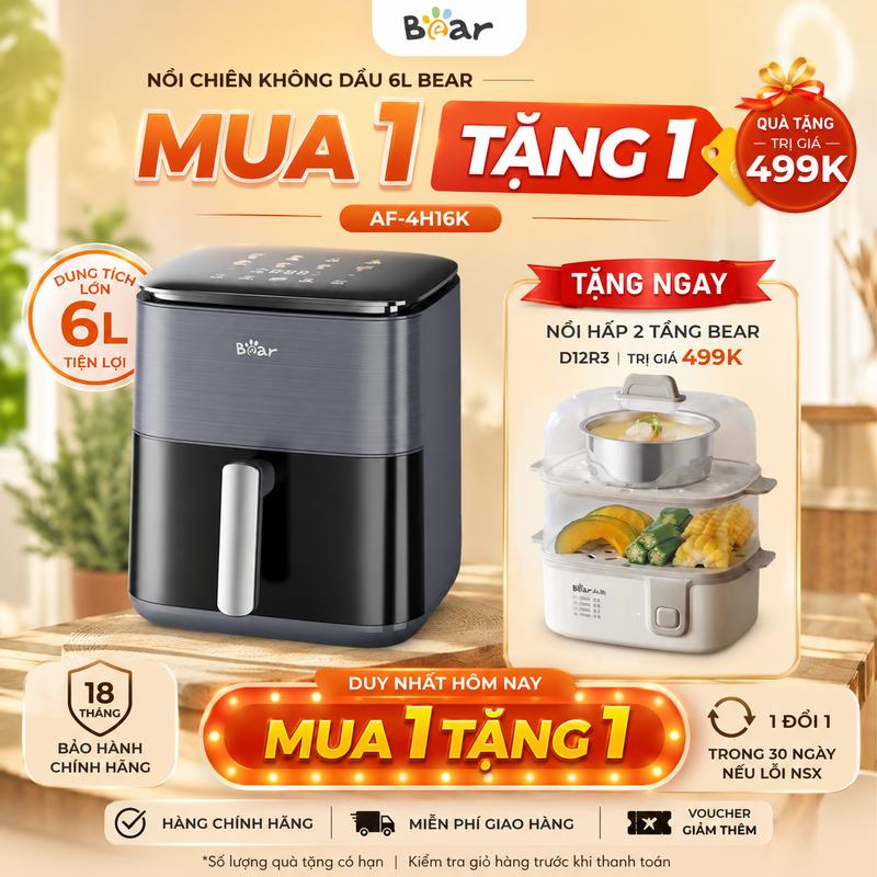 [TẶNG NỒI HẤP 2 TẦNG] Nồi Chiên Không Dầu Hơi Nước Bear AF-4H16K, Dung Tích 6.2L, Công Suất 1600W, Màn Hình Điều Khiển Cảm Ứng, Công Nghệ 4D Chiên Nướng Không Cần Lật, Bảo Hành 18 Tháng