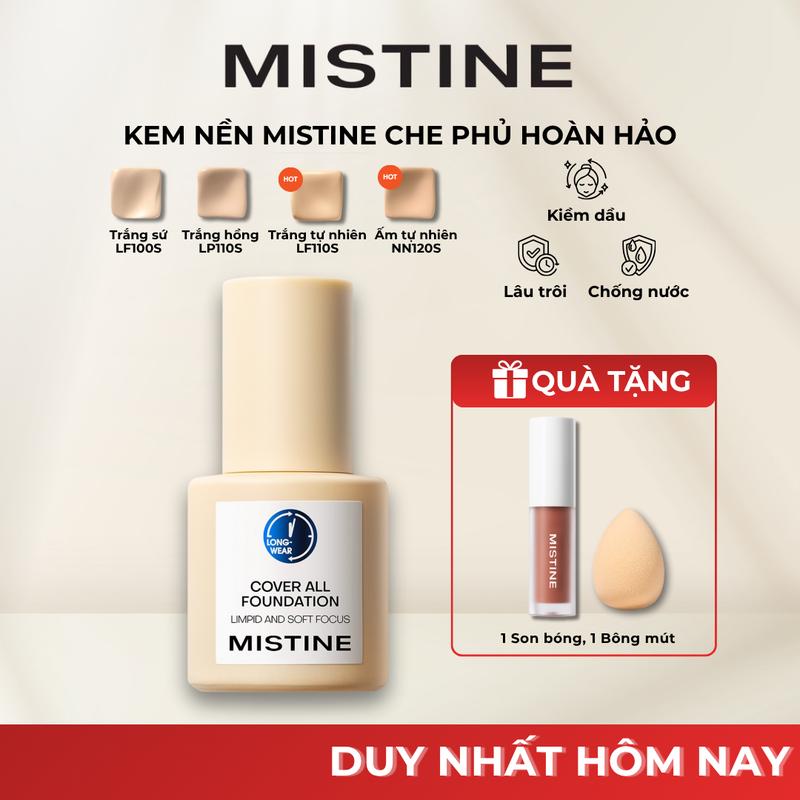 [DEAL MẦN ĐẸP] Kem nền Mistine kiềm dầu tốt, lâu trôi Cover All Foundation 30g + [Quà tặng miễn phí] 1 Son bóng + 1 Mút trang điểm