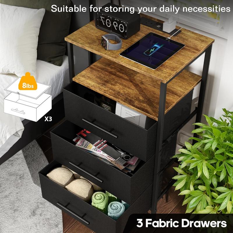 Bedside Table with Charging Station, Nightstand with 2 Outlets and 2 USB Ports,Sofa Table with 4 Castors Metal Frame and Fabric Drawers, for Bedroom Living Room (3 Drawers, Black) 6