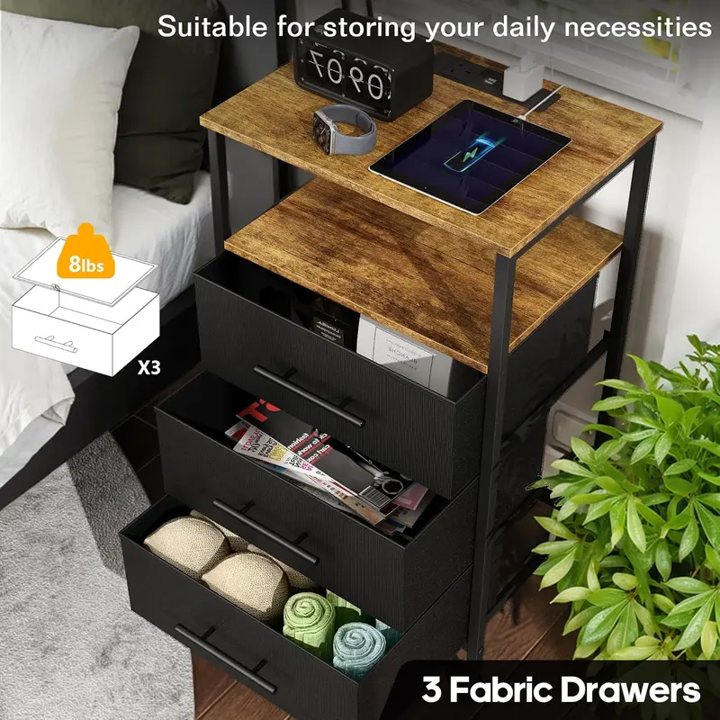 Bedside Table with Charging Station, Nightstand with 2 Outlets and 2 USB Ports,Sofa Table with 4 Castors Metal Frame and Fabric Drawers, for Bedroom Living Room (3 Drawers, Black) 6