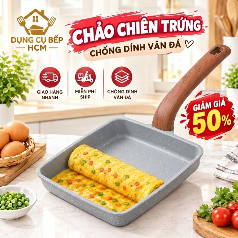 Chảo Vuông Chiên Trứng Cuộn Vân Đá Chống Dính, Đáy Từ Dùng Được Cho Mọi Loại Bếp, Bếp Gas, Bếp Điện Bếp Từ Bếp Hồng Ngoại