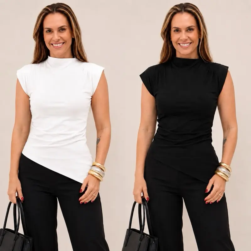 Kit 2 Blusa Blusinhas Feminina Assimétrica Ribana Canelada Básica Moda Luxo Chic e Confortável ombro a ombro Design Moderno e Elegante