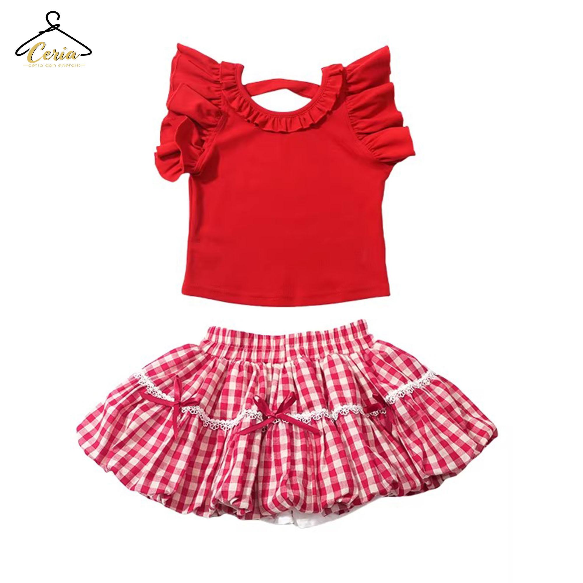 Ceria-Set Rok Angin Dopamin Anak Perempuan / Set Anak Perempuan Kotak-kotak Merah / Atasan Lengan Rumbai dan Rok Mengembang Dua Potong